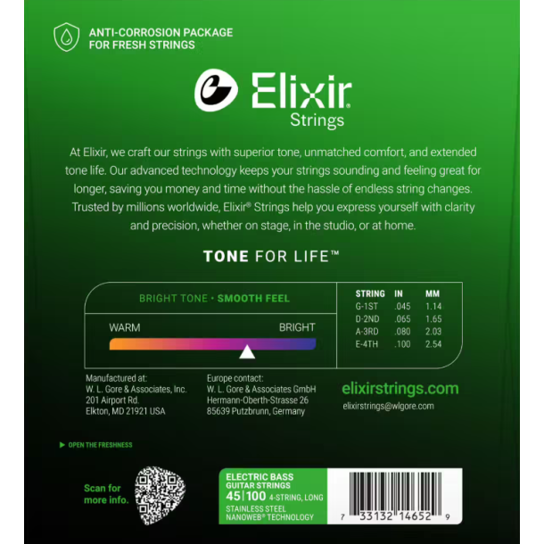 Elixir Nanoweb Electric Bass Stainless Steel 14652 Light /4c 45-100